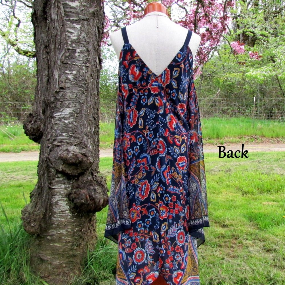 BOHO FESTIVAL DRESS, M, NAVY RED GOLD PRINT, AIRY OVERSKIRT, HANDKERCHIEF HEM - Picture 9 of 9